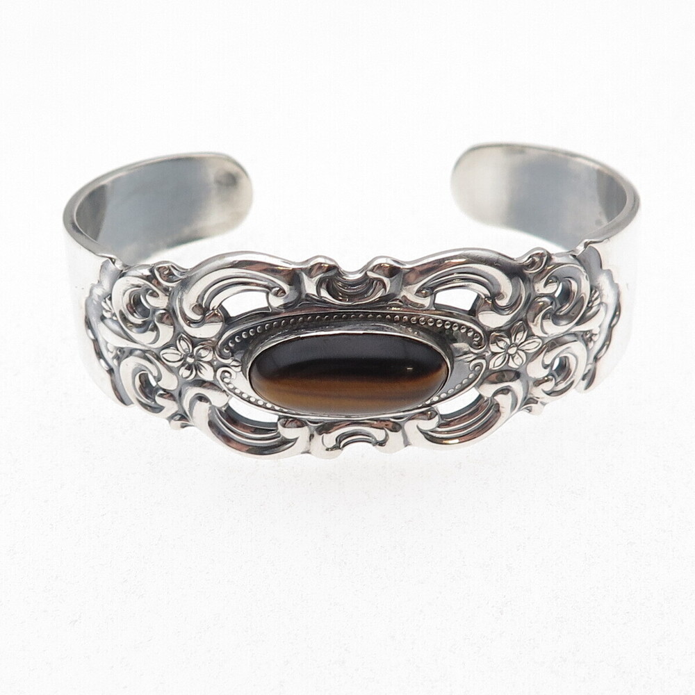 Towle 925 Sterling Silver Vintage Real Tiger Eye Floral Adjustable Bracelet 6.5" - Picture 3 of 7